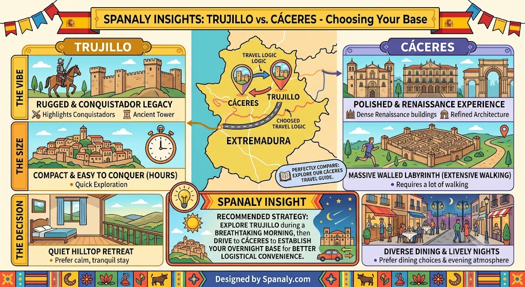 A colorful comparison infographic of Trujillo vs Cáceres, helping travelers choose the best base in Extremadura, Spain.