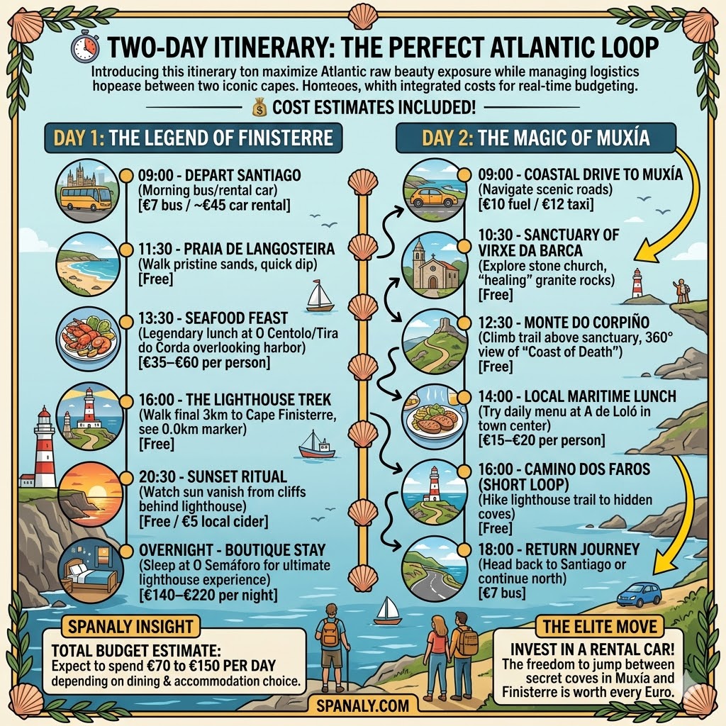 SEO infographic for a 2-day itinerary in Costa da Morte, Galicia, featuring a time-stamped schedule for Finisterre and Muxía with estimated costs for seafood, transport, and boutique stays by Spanaly.com