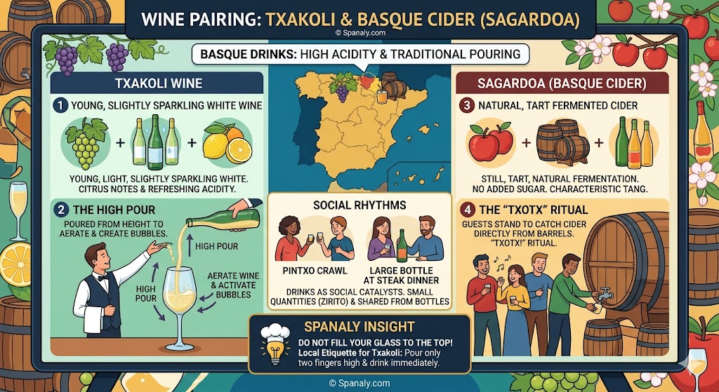 Infographic showing Basque drink traditions including Txakoli wine high pouring technique, Sagardoa cider, and the Txotx ritual in traditional cider houses.