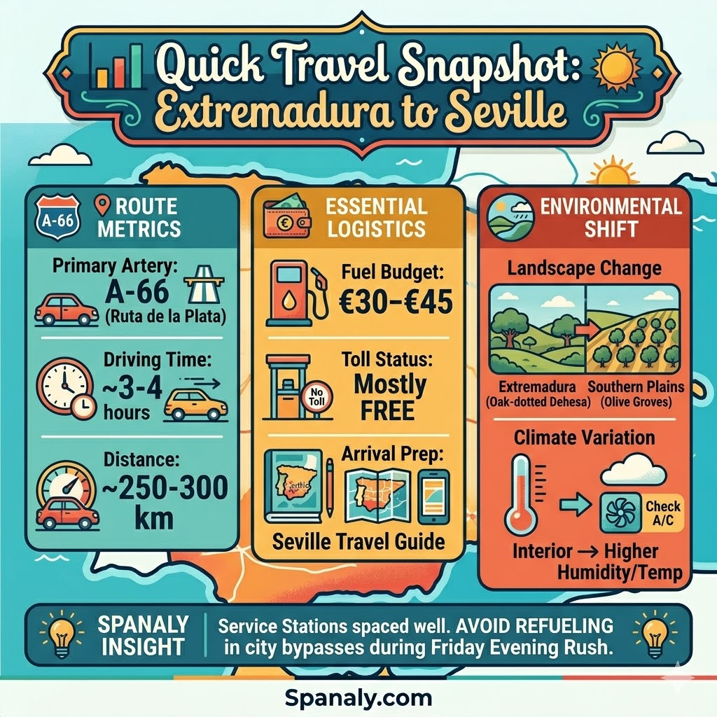 Infographic showing essential travel metrics for a road trip from Extremadura to Seville, including driving time, fuel budget, and route details.
