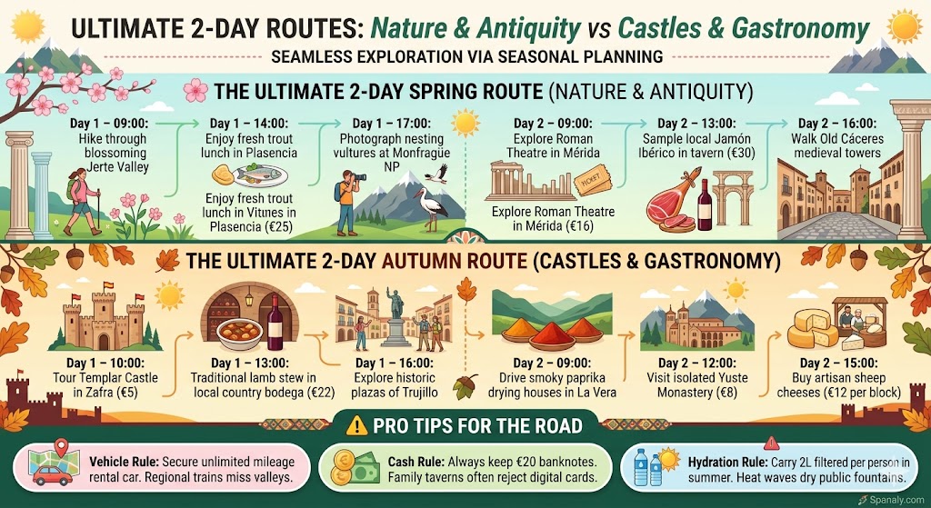 Infographic showing the ultimate 2-day spring and autumn routes in Extremadura with hour-by-hour itineraries, pricing, and essential road trip tips.