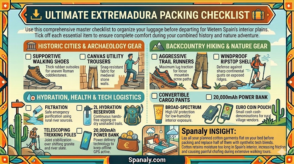 The ultimate Extremadura packing checklist infographic showing travel gear for historic cities, backcountry hiking, hydration setup, and synthetic clothing tips.