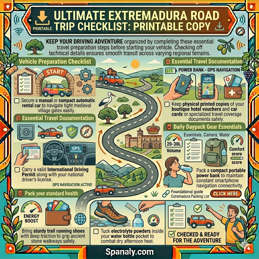 A printable travel checklist infographic for an Extremadura road trip, detailing vehicle preparation, essential documentation, and daily daypack gear requirements.