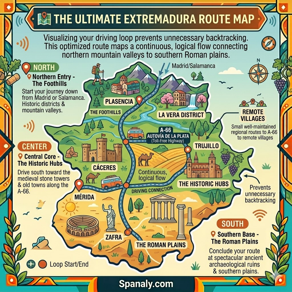 An optimized travel route map infographic for Extremadura, illustrating the continuous driving loop from the northern entry foothills to the central core historic hubs and southern Roman plains along the A-66 highway.