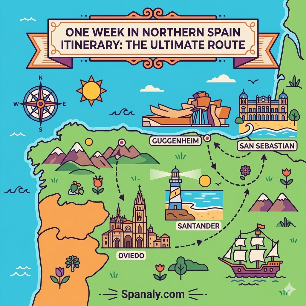 An epic infographic map featuring the ultimate one-week travel route through Northern Spain, including San Sebastian, Bilbao, Santander, and Oviedo.