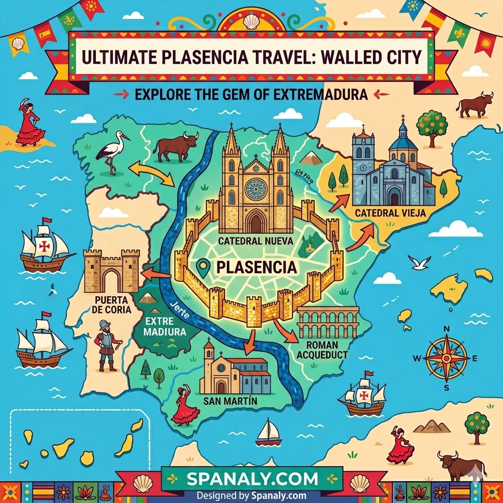 An epic map illustration of Plasencia, Spain, highlighting the historic walled city, cathedrals, and Roman aqueduct for the ultimate travel guide.