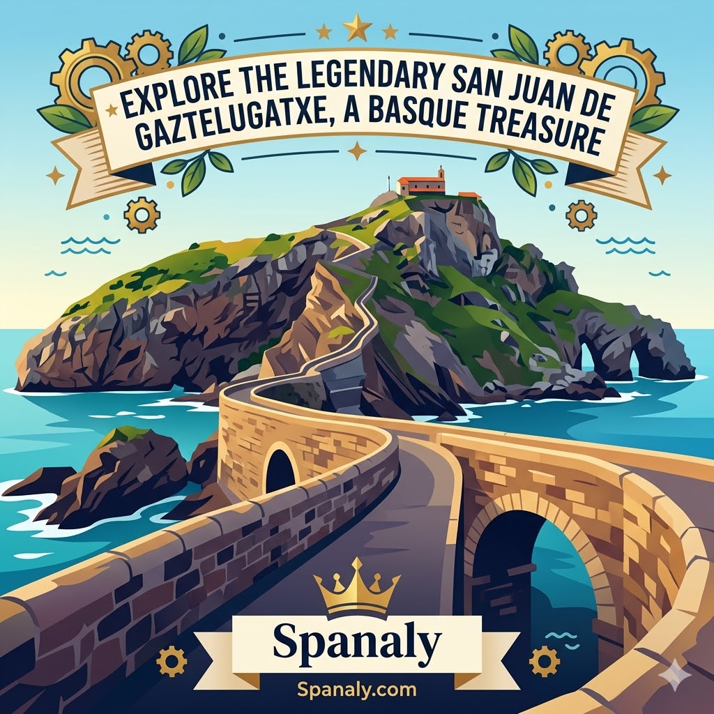 An iconic flat vector illustration featuring the majestic stone bridge leading to the island hermitage of San Juan de Gaztelugatxe, Spain. The scene is epic and artistic, designed as a captivating travel guide header for the Basque coast. A small crown and the Spanaly.com signature are in the bottom ribbon.