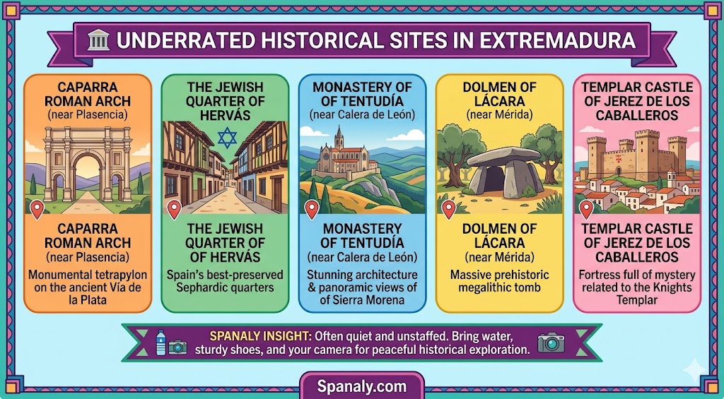 An infographic showcasing underrated historical sites in Extremadura, including the Caparra Roman Arch, the Jewish Quarter of Hervás, and the Templar Castle of Jerez de los Caballeros.