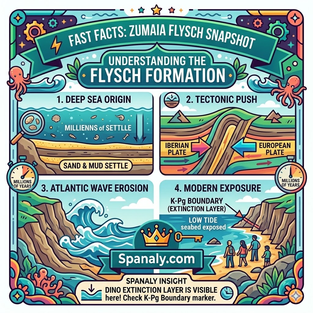 A colorful educational infographic illustrating the four stages of Flysch rock formation in Zumaia, showing deep sea sedimentation, tectonic plates collision, Atlantic wave erosion, and modern exposure of the K-Pg dinosaur extinction layer.
