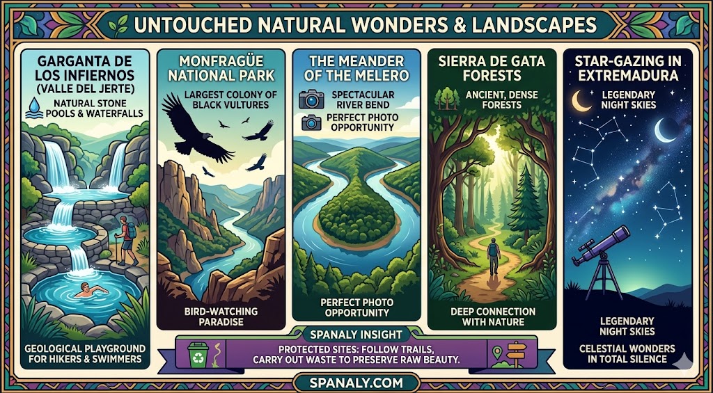 A colorful infographic map highlighting untouched natural wonders in Extremadura, including Garganta de los Infiernos, Monfragüe National Park, and star-gazing locations.