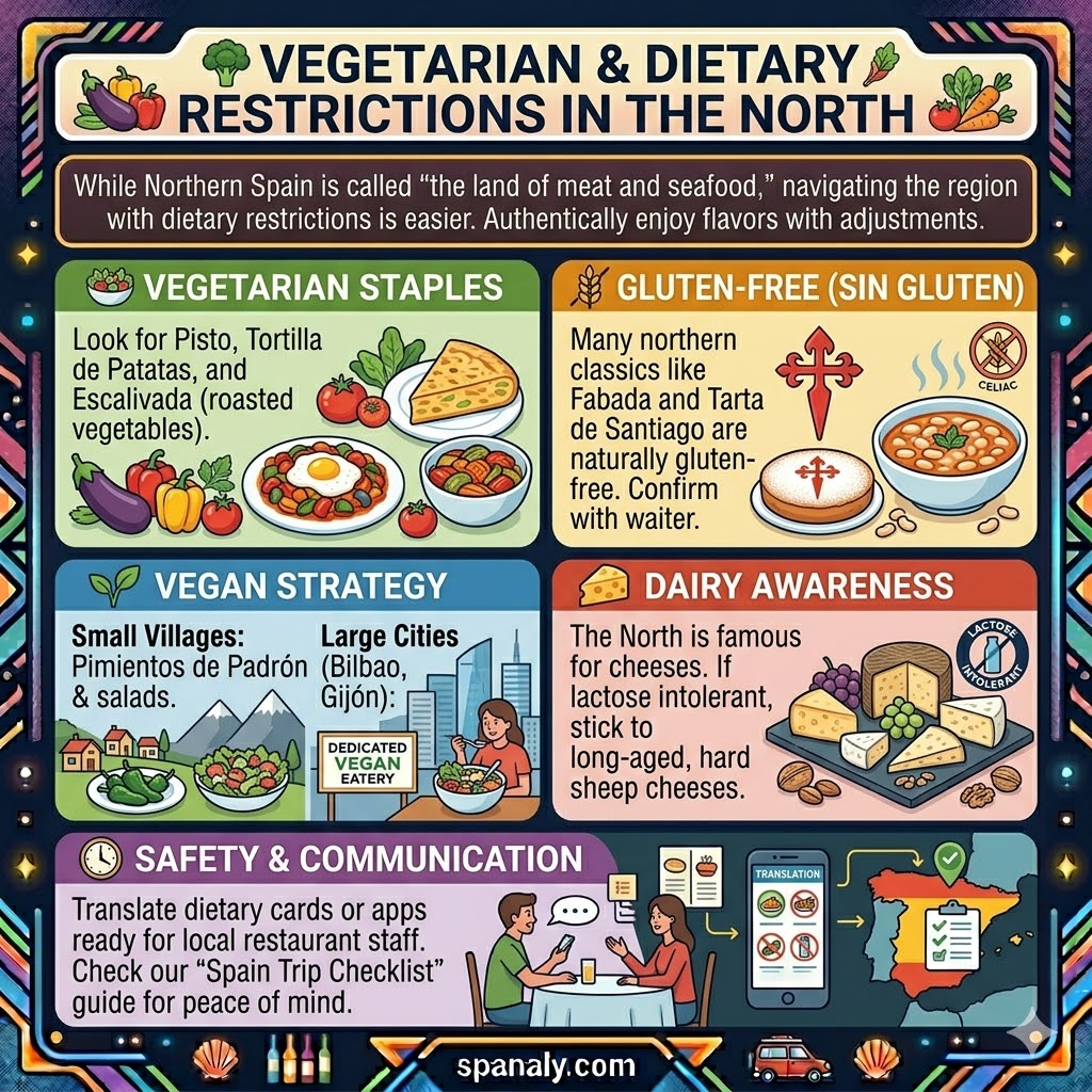 Infographic about vegetarian and dietary restrictions in Northern Spain featuring gluten-free Fabada, vegan strategies, and dairy awareness tips.