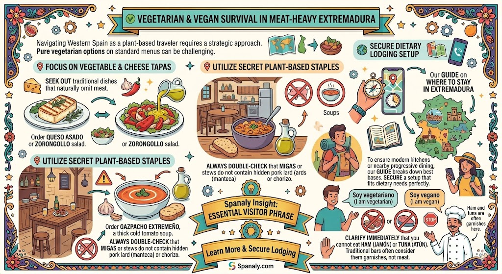 Infographic guide for vegetarian and vegan travel survival in meat-heavy Extremadura Spain, highlighting plant-based tapas options and phrases.