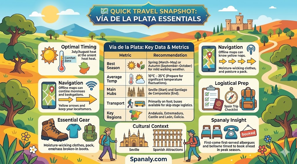 A colorful infographic for Vía de la Plata essentials, featuring key travel metrics, weather, navigation tips, and essential gear for walking the Silver Route in Spain.