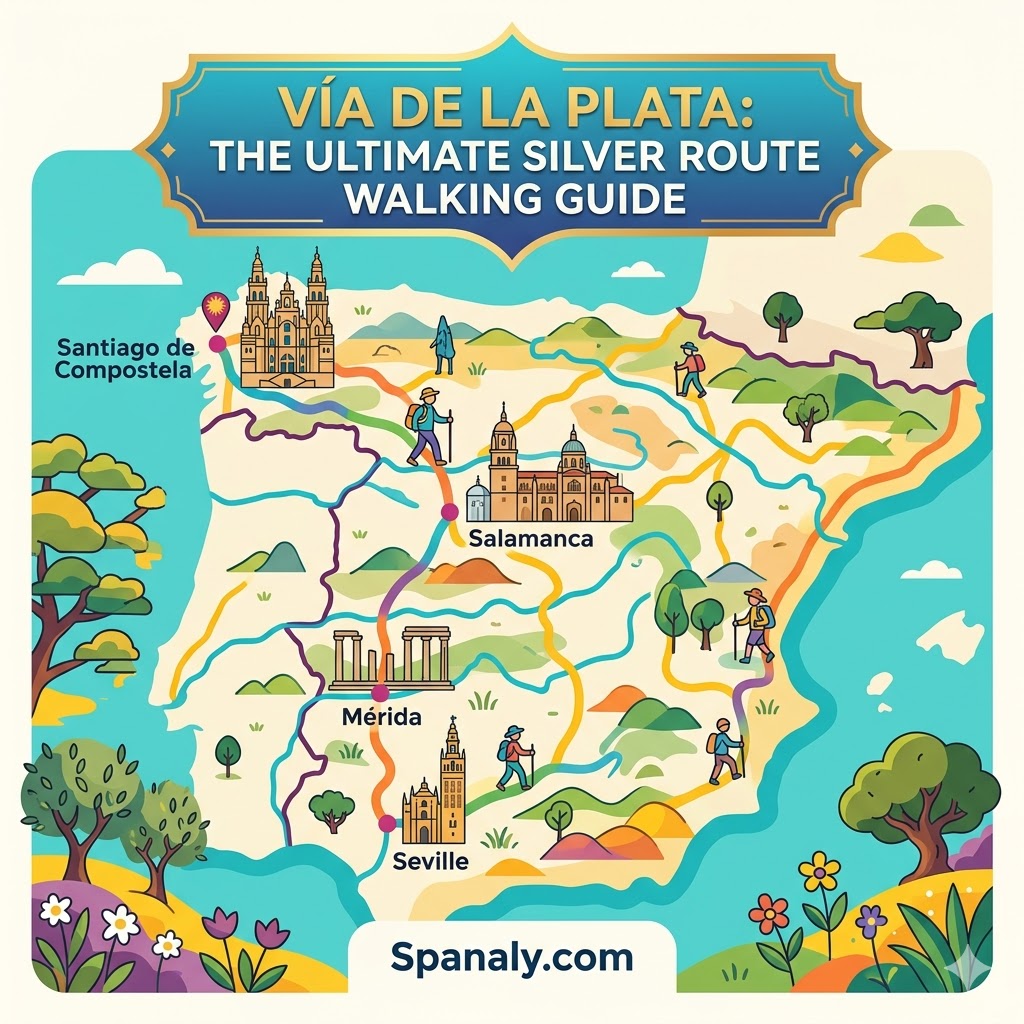 A vibrant flat vector map illustrating the Vía de la Plata silver route in Spain, featuring iconic landmarks from Seville to Santiago de Compostela for a walking guide.