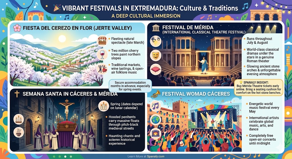 Infographic showcasing vibrant festivals in Extremadura, including Fiesta del Cerezo en Flor, Festival de Mérida, Semana Santa, and Festival WOMAD Cáceres.