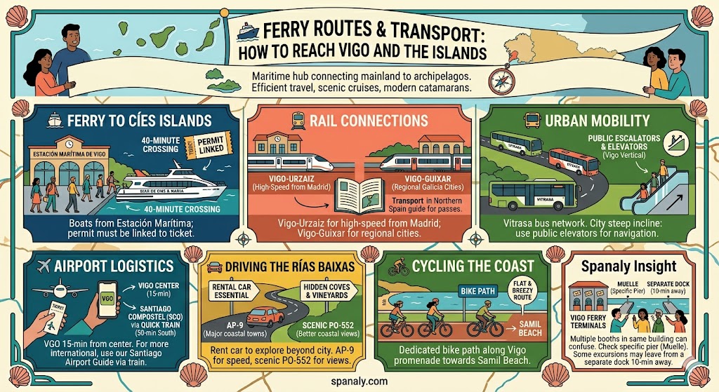 Infographic showing transport options in Vigo including Cíes Islands ferry routes, train stations, and airport logistics.
