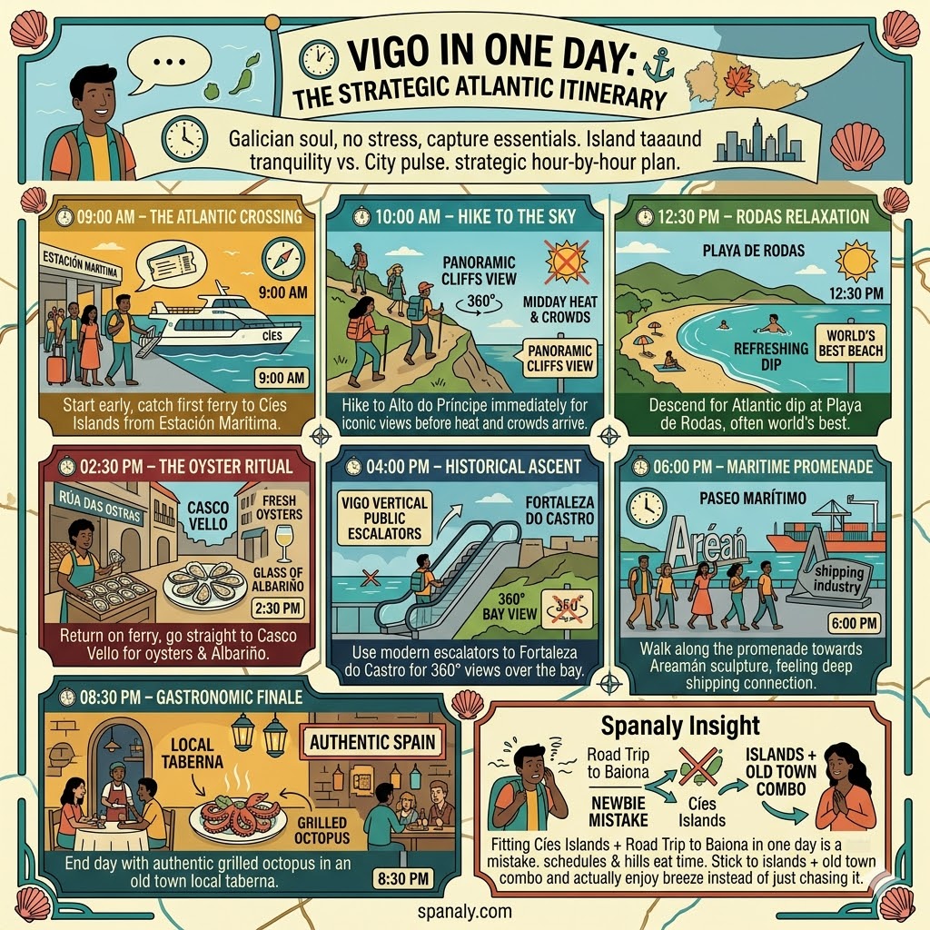 Infographic showing a 24-hour itinerary for Vigo including Cíes Islands, Casco Vello oysters, and Monte do Castro views.