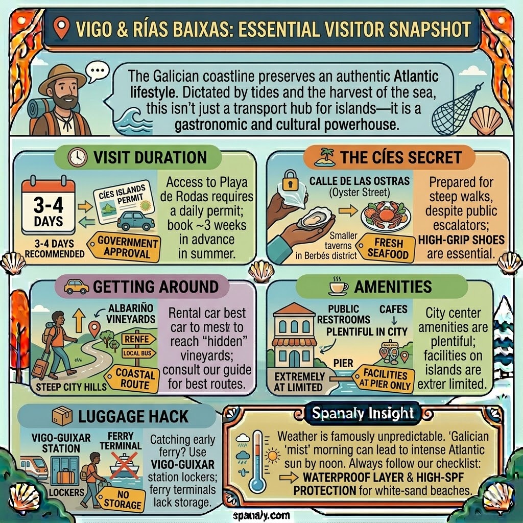 Infographic for Vigo and Rías Baixas visitors covering Cíes Islands permits, seafood tips, steep hills advice, and luggage hacks.