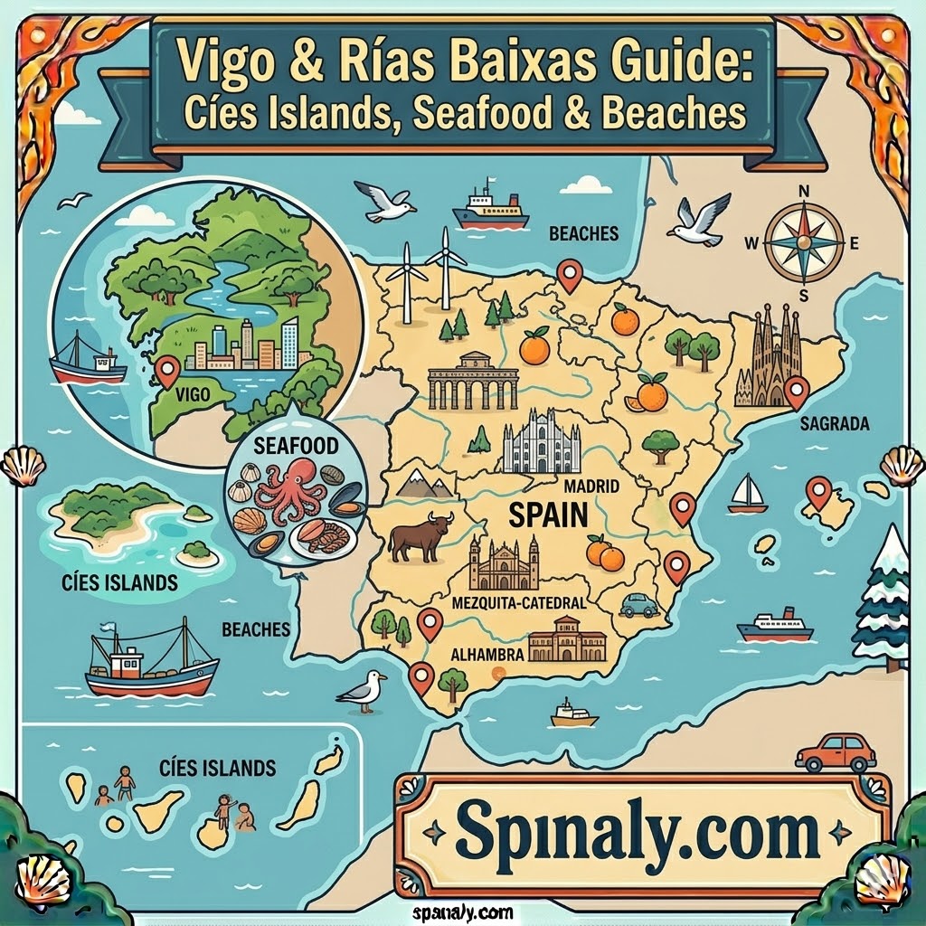 An epic map of Spain featuring Vigo and Rías Baixas with icons of Cíes Islands, fresh seafood, and Galician beaches.