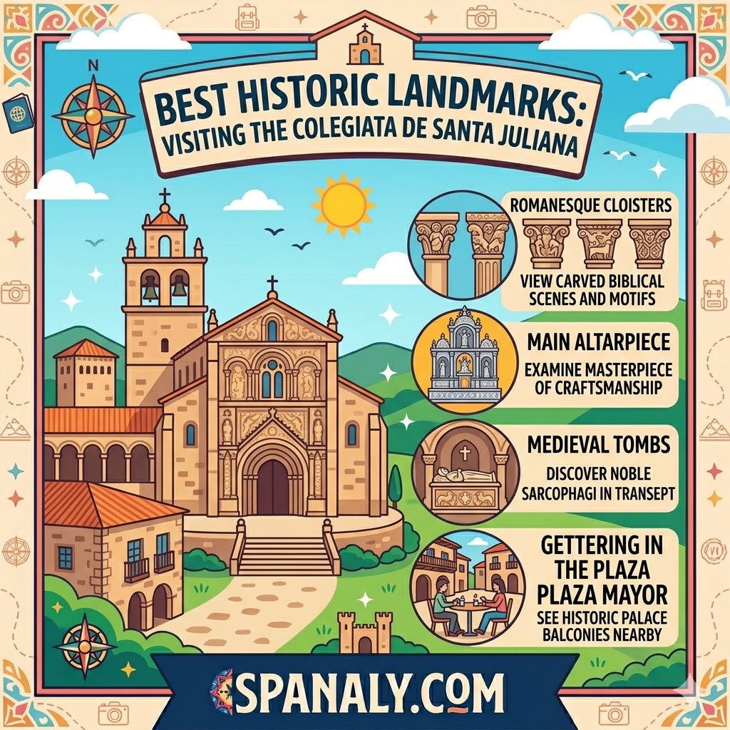 Colorful infographic for visiting Colegiata de Santa Juliana in Santillana del Mar, highlighting Romanesque cloisters, the main altarpiece, and medieval tombs.