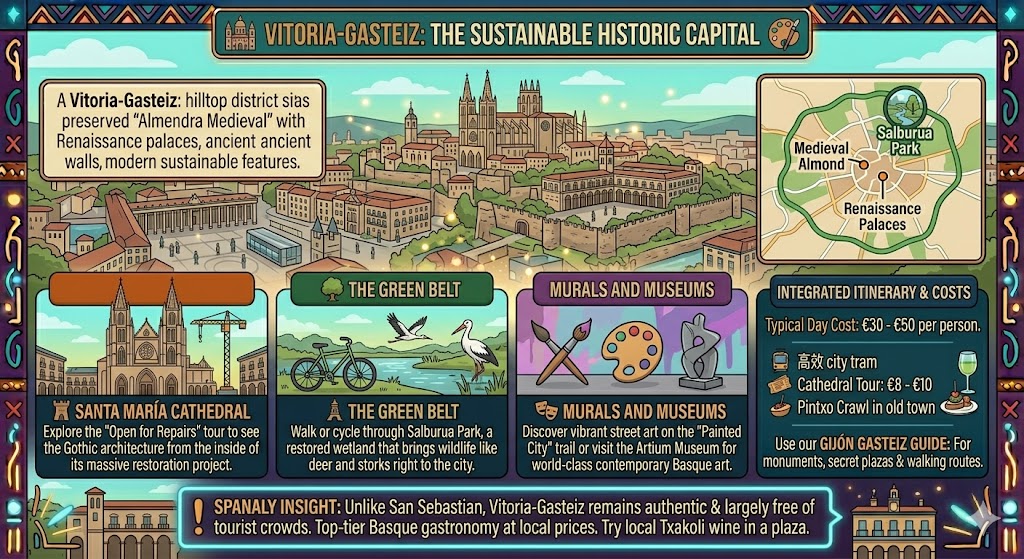 Travel infographic for Vitoria-Gasteiz showing the Santa Maria Cathedral, Green Belt nature trails, city murals, and Pintxo crawl costs in the Basque capital.