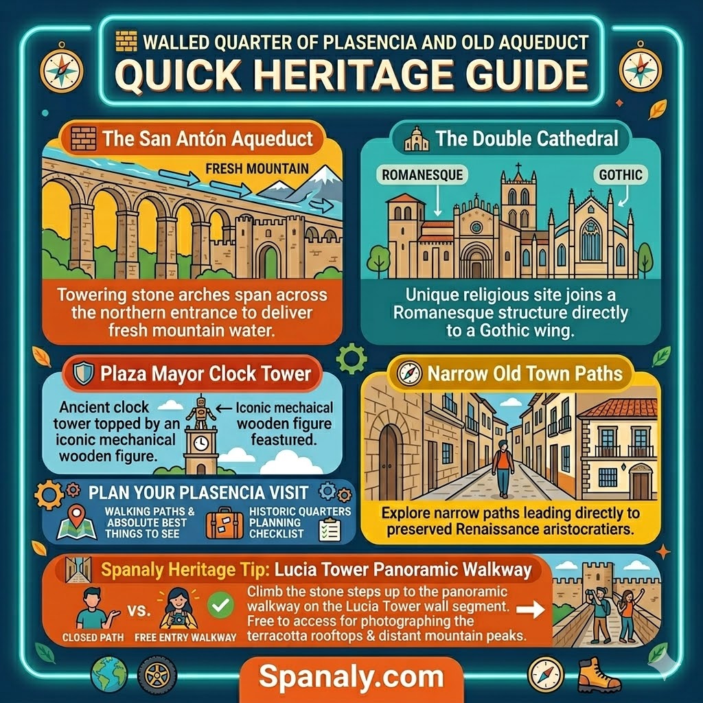 Plasencia historic walled quarter infographic showing San Anton aqueduct double cathedral and Plaza Mayor clock tower landmarks