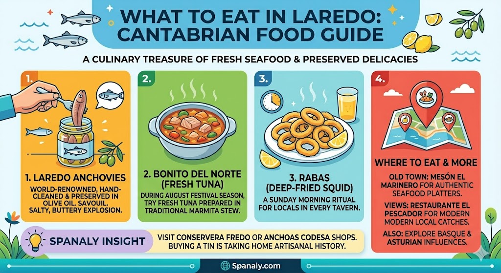 Infographic of traditional Cantabrian food in Laredo featuring anchovies, Bonito del Norte tuna, and Rabas squid.