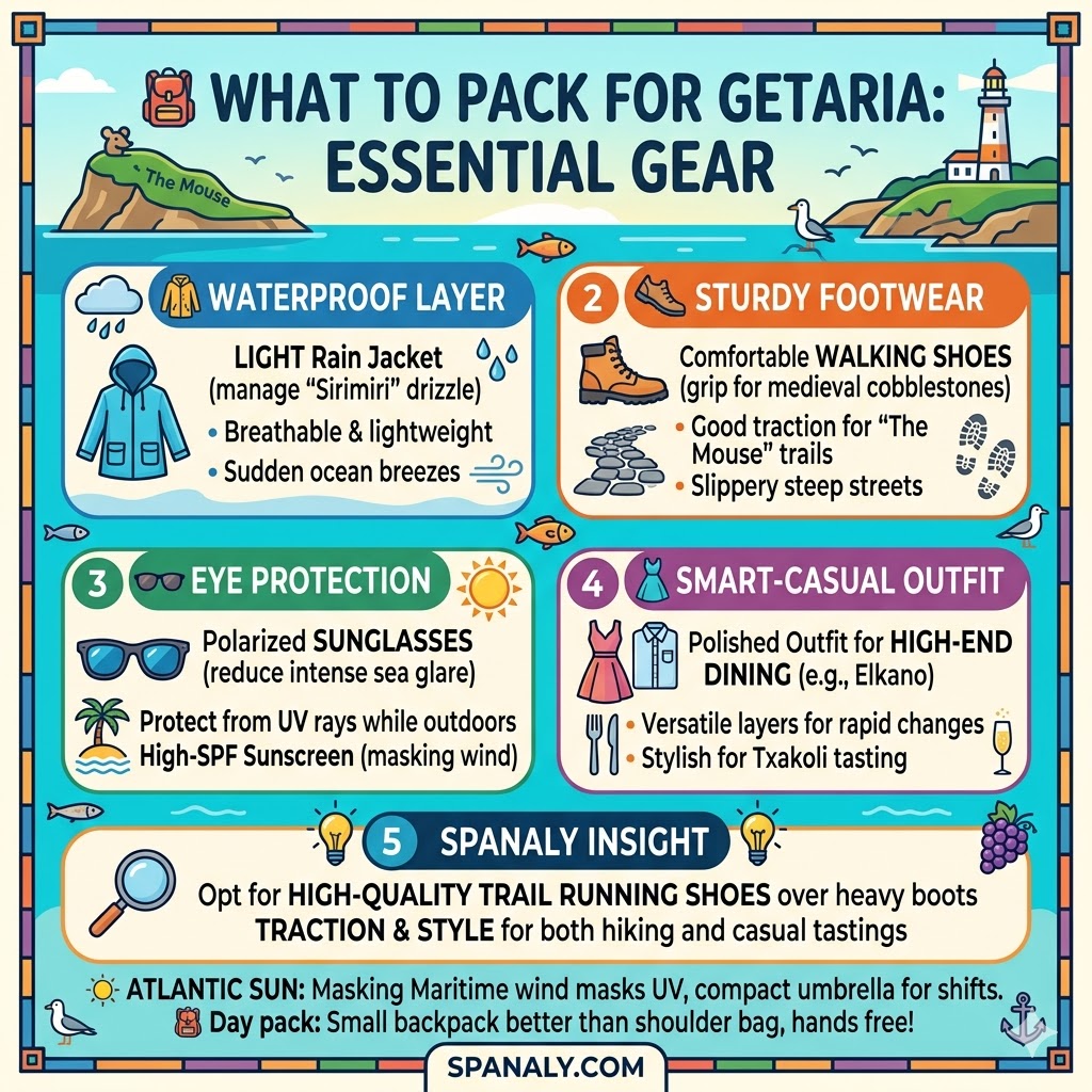 A colorful 1024x1024 infographic summarizing what to pack for Getaria, featuring a lightweight raincoat for Sirimiri drizzle, sturdy walking shoes for cobblestones, polarized sunglasses for sea glare, a smart-casual outfit for fine dining, and trail runners for 'The Mouse' trails. Includes Spanaly Insight.