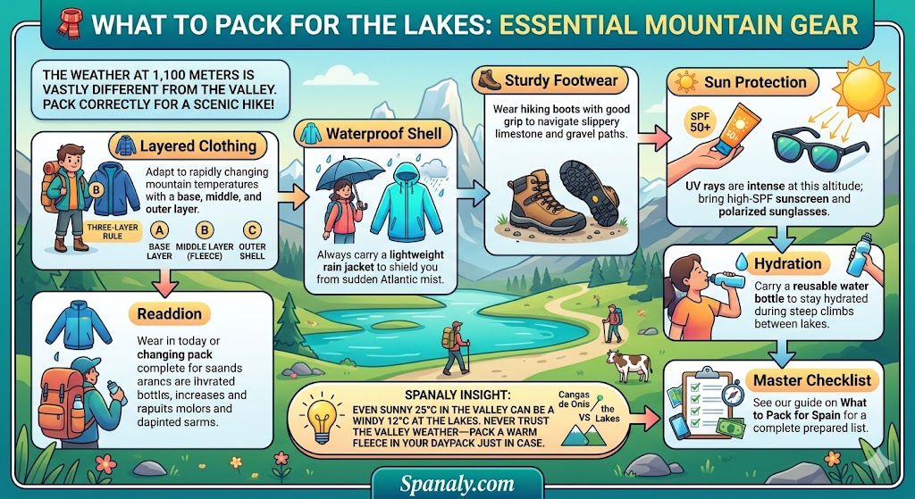 Infographic of essential mountain gear for Lakes of Covadonga featuring layered clothing, hiking boots, and sun protection.