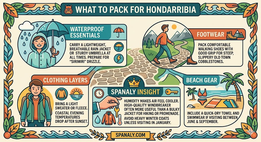 A colorful infographic on what to pack for Hondarribia, featuring waterproof essentials for the Sirimiri drizzle, comfortable walking shoes for cobblestones, layered clothing for coastal temperature drops, and beach gear. Includes a Spanaly Insight on windbreakers versus bulky jackets with the Spanaly.com logo.
