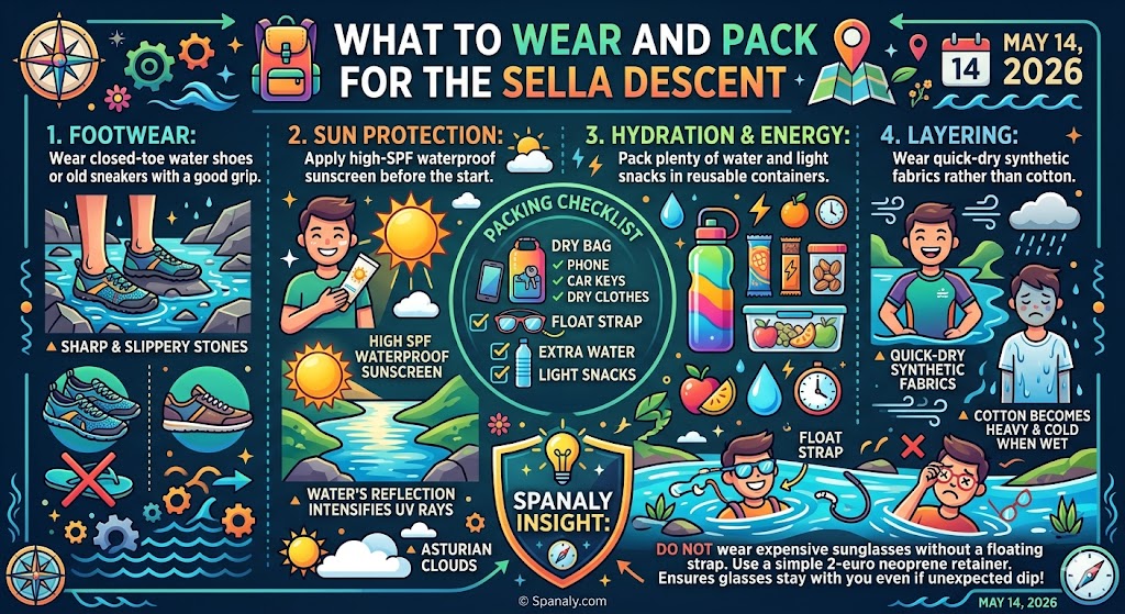 A comprehensive packing checklist infographic for the Sella Descent in Asturias featuring water shoes, SPF protection, dry bag essentials, and quick-dry clothing tips.