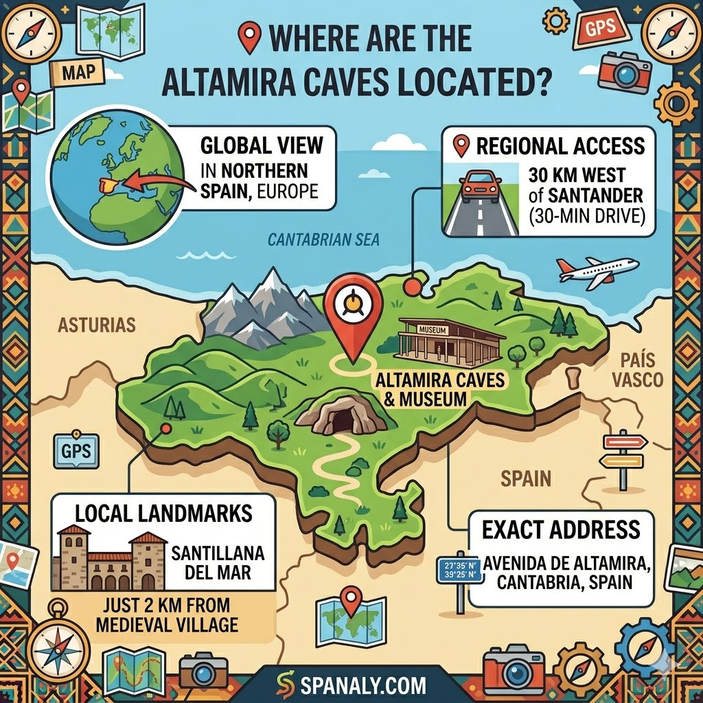 A colorful map infographic showing the location of Altamira Caves in Cantabria, Spain, with practical distance from Santander and Santillana del Mar.