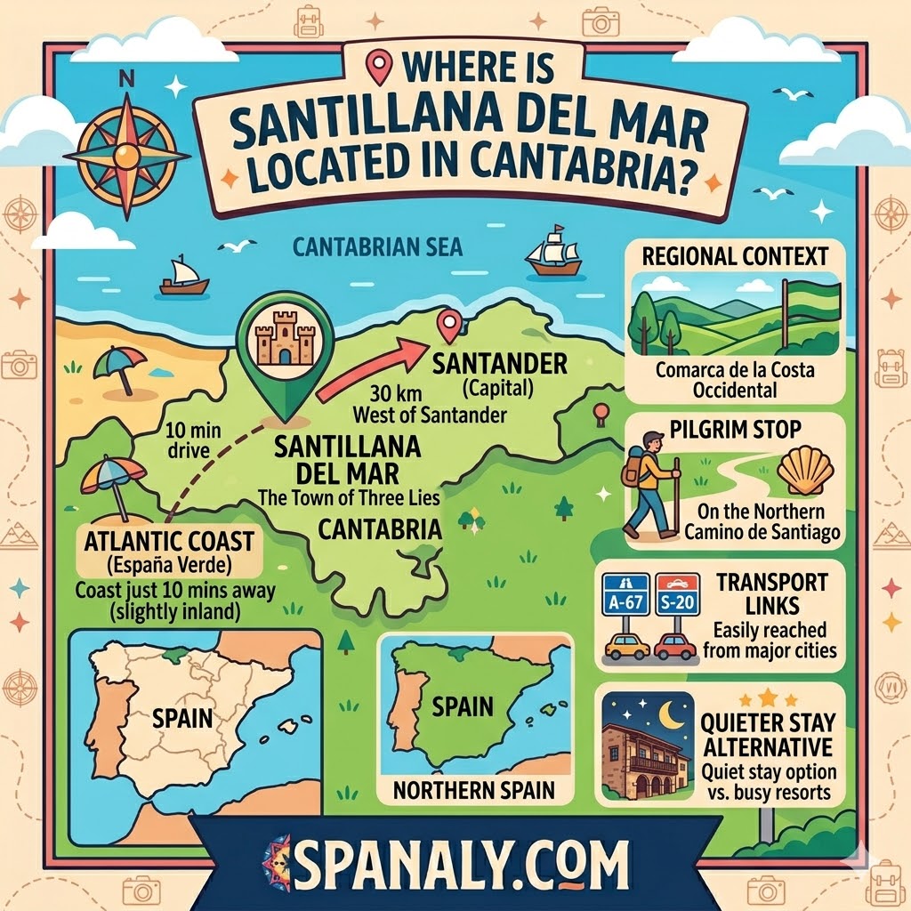 Colorful map infographic showing the location of Santillana del Mar in Cantabria, Spain, 30 km west of Santander in España Verde.