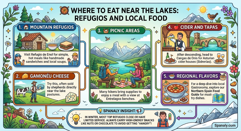 Infographic showing where to eat near Lakes of Covadonga featuring mountain refugios, Gamonéu cheese, and Asturian cider.