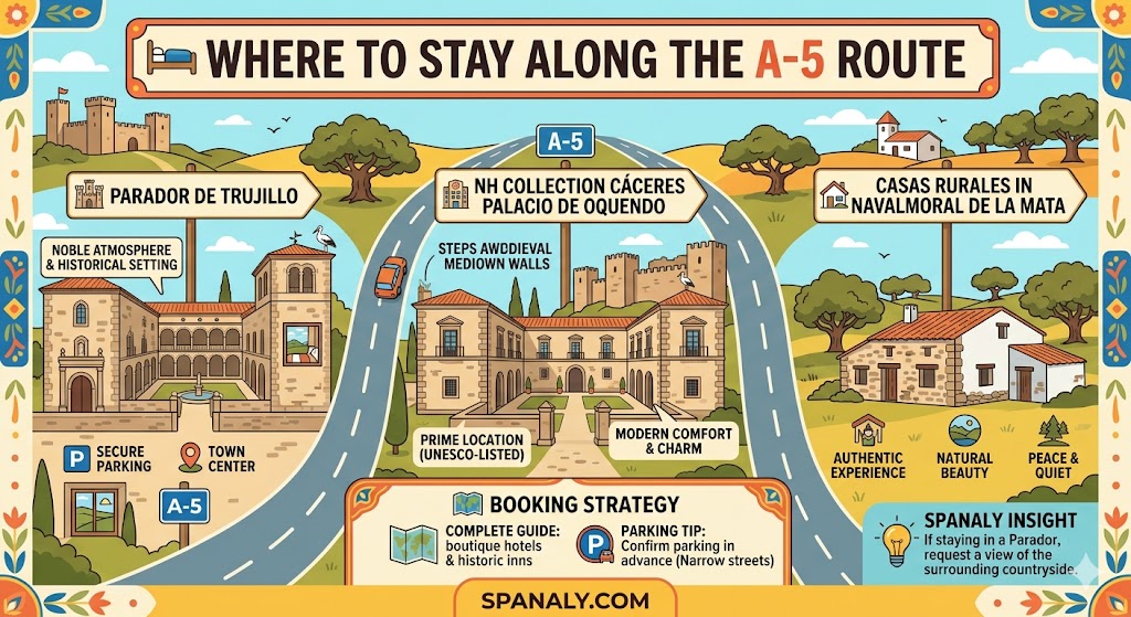 Infographic showcasing recommended places to stay along the A-5 route in Extremadura, including Parador de Trujillo and NH Collection Cáceres.