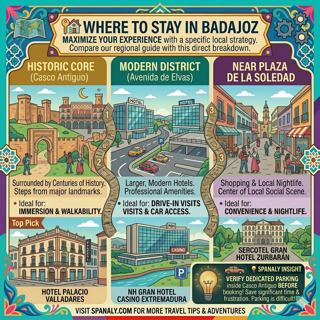 Colorful travel infographic showing the best areas to stay in Badajoz, Spain, including the historic center, modern district, and Plaza de la Soledad by Spanaly.com.