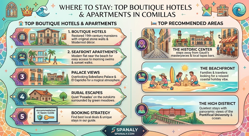 Infographic of the best places to stay in Comillas featuring boutique hotels, beachfront apartments, and rural escapes with palace views.