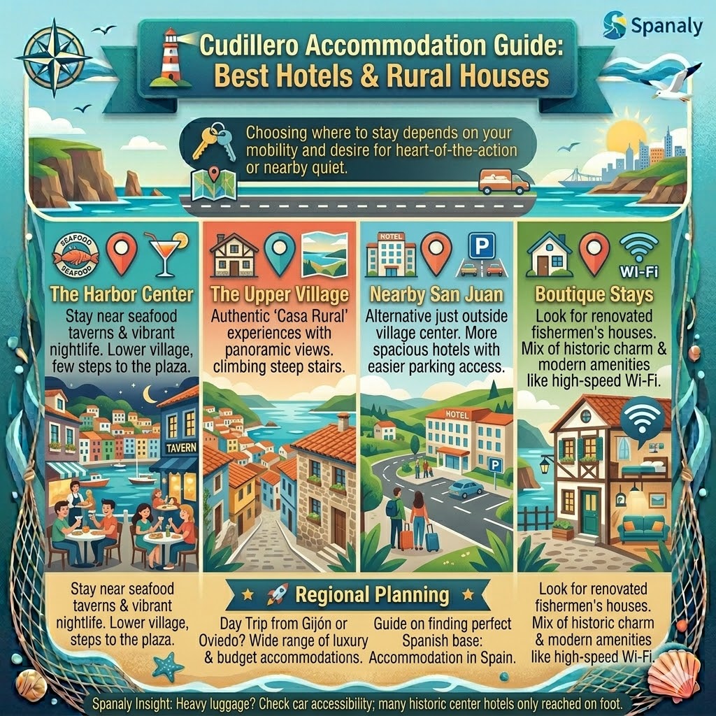 Infographic guide on where to stay in Cudillero Asturias featuring harbor hotels, upper village rural houses, and boutique fishermen stays.