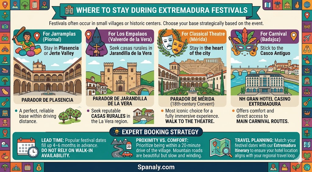 Infographic showing recommended accommodation options for major Extremadura festivals, including Paradors in Plasencia, Jarandilla de la Vera, and Mérida, with expert booking strategies.