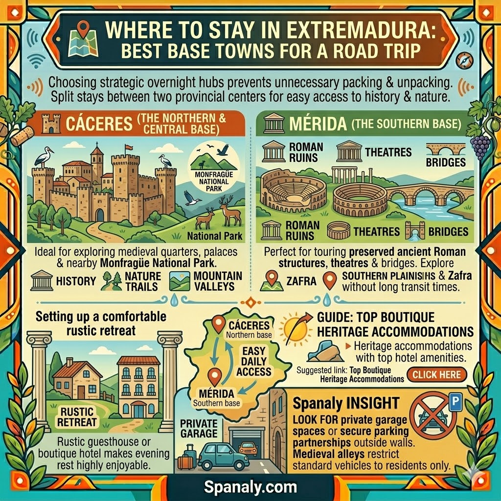 An informative travel infographic about where to stay in Extremadura, highlighting Cáceres as the northern base and Mérida as the southern base for a road trip.