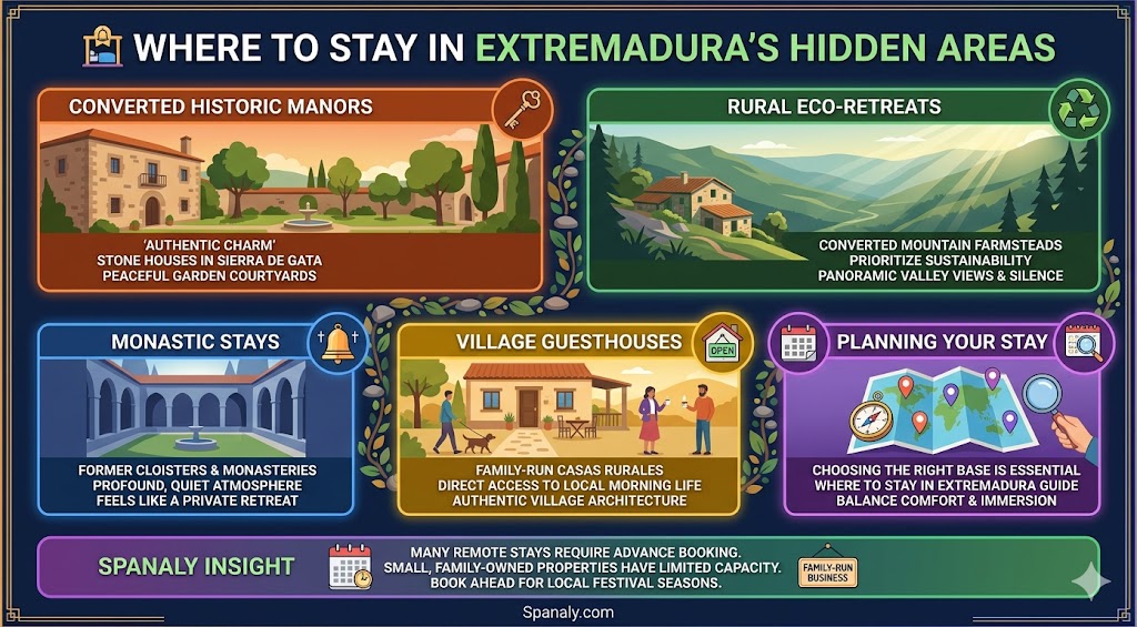 An infographic showcasing unique accommodation options in Extremadura's hidden areas, including historic manors, rural eco-retreats, and monastic stays for an authentic travel experience.