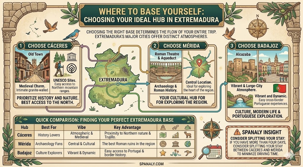An infographic comparison guide for choosing the best base in Extremadura, Spain, highlighting the unique advantages of staying in Cáceres, Mérida, or Badajoz for your travel itinerary.