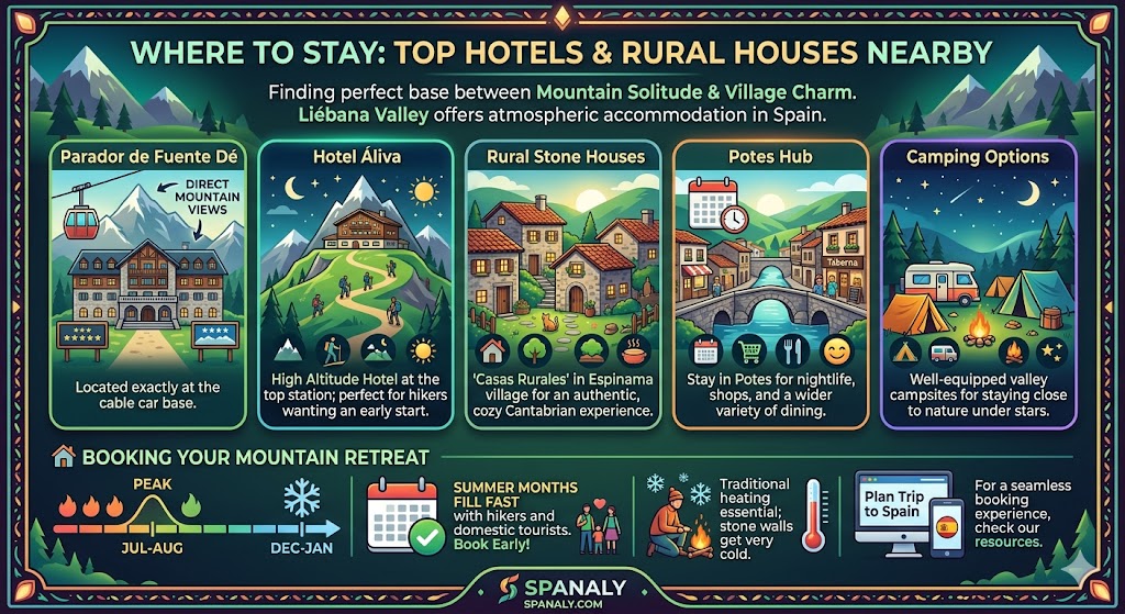 Infographic guide to accommodation near Fuente Dé including Parador de Fuente Dé, Hotel Áliva, rural houses in Espinama, and camping options in Picos de Europa.