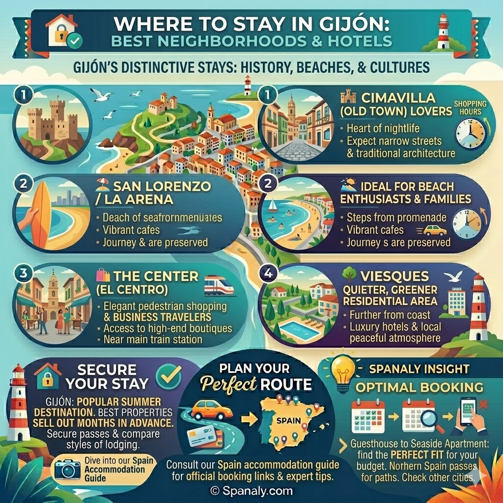 Infographic of the best neighborhoods to stay in Gijon featuring Cimavilla Old Town, San Lorenzo beach, El Centro shopping district, and Viesques.
