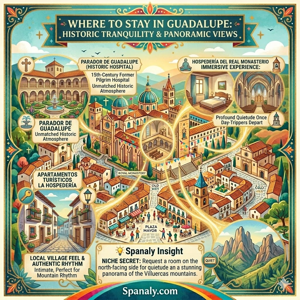Infographic guide on where to stay in Guadalupe, Spain, featuring top accommodation recommendations like Parador de Guadalupe, monastery lodging, and local apartment tips for a quiet stay.