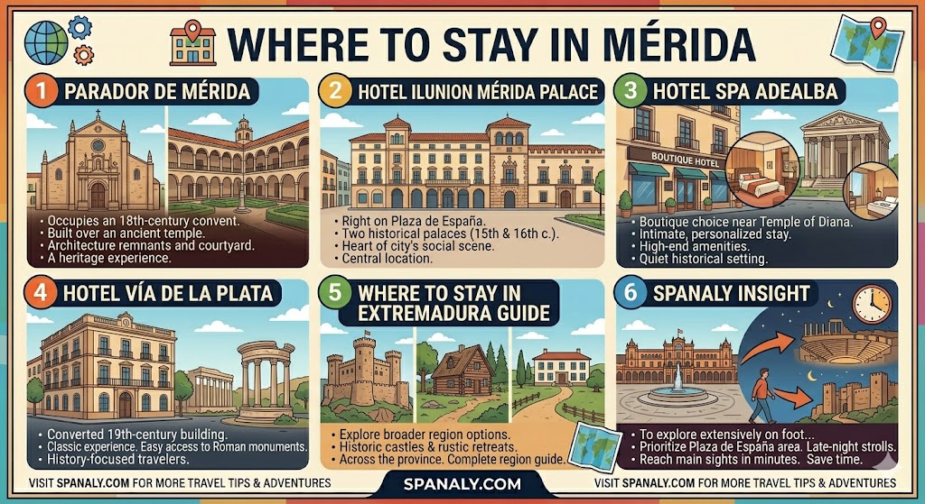 Colorful travel infographic showcasing where to stay in Mérida, Spain, featuring top heritage hotels like Parador de Mérida and Ilunion Mérida Palace by Spanaly.com.