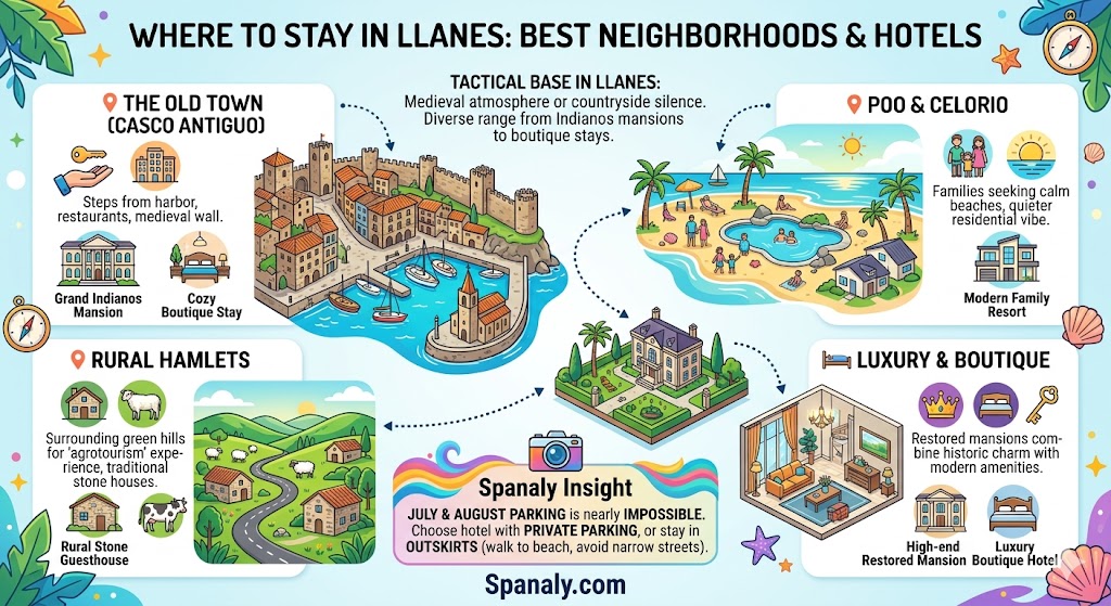 Infographic guide for where to stay in Llanes featuring the Old Town, Poo, Celorio, rural hamlets, and boutique hotels in Asturias.