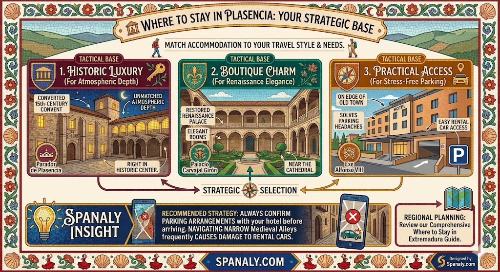 An infographic guide on where to stay in Plasencia, Spain, categorizing hotels by travel style, from historic luxury to practical access with parking.