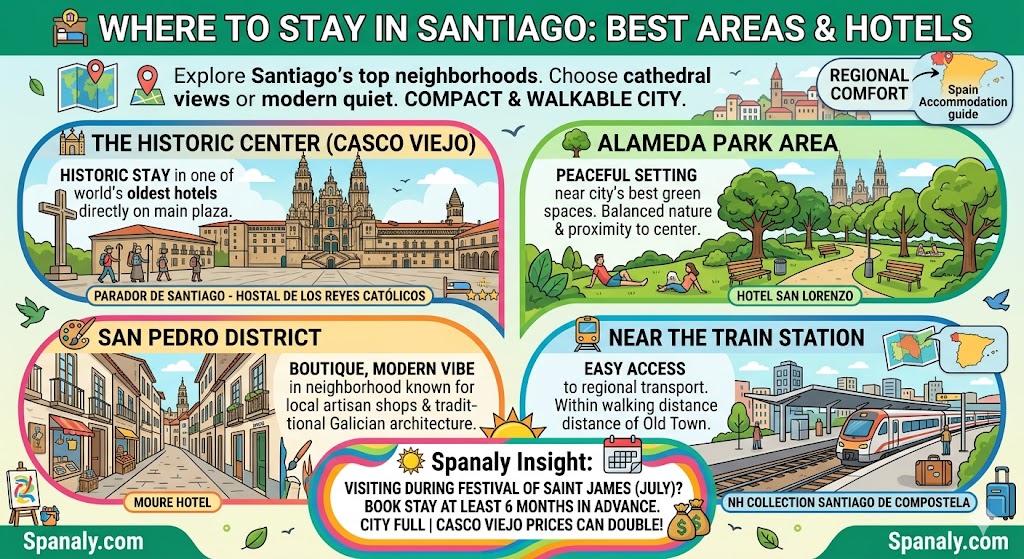 Infographic of best areas to stay in Santiago de Compostela including the Historic Center, Alameda Park area, San Pedro District, and near the Train Station with hotel recommendations.