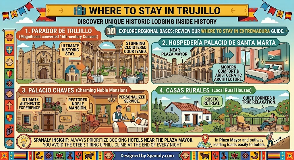 An infographic guide on where to stay in Trujillo, Spain, featuring historic hotels like Parador de Trujillo and boutique options near Plaza Mayor.